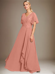 A-line V-Neck Floor-Length Lace Chiffon Mother of the Bride Dress With Cascading Ruffles Sequins