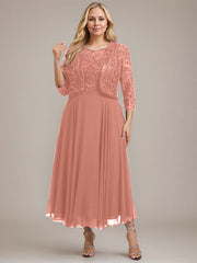 A-line Boat Neck Illusion Tea-Length Lace Chiffon Mother of the Bride Dress With Sequins