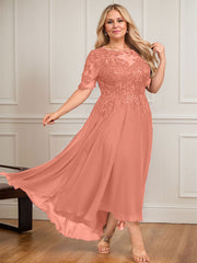 A-line Scoop Illusion Asymmetrical Lace Chiffon Mother of the Bride Dress With Sequins