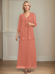 A-line V-Neck Ankle-Length Lace Sequin Chiffon Mother of the Bride Dress