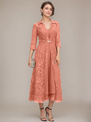 A-line V-Neck Tea-Length Chiffon Mother of the Bride Dress