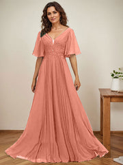 A-line V-Neck Floor-Length Chiffon Mother of the Bride Dress With Sequins Appliques Lace Pleated