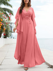 A-Line V-Neck Floor-Length Chiffon Mother Of The Bride Dresses With Appliques Lace