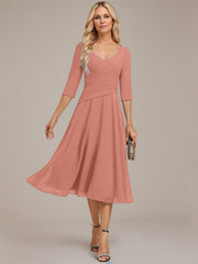 A-line V-Neck Tea-Length Chiffon Mother of the Bride Dress With Pleated