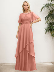 A-line Scoop Floor-Length Chiffon Mother of the Bride Dress With Pleated Sequins Beading