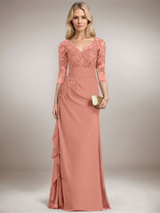 A-line V-Neck Floor-Length Lace Chiffon Mother of the Bride Dress With Cascading Ruffles