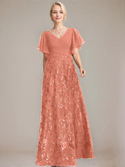 A-line V-Neck Floor-Length Lace Sequin Chiffon Mother of the Bride Dress With Pleated