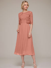 A-line/Princess Scoop Tea-Length Chiffon Mother of the Bride Dress With Lace Jacket