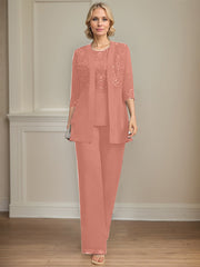 Jumpsuit/Pantsuit Separates Scoop Floor-Length Chiffon Lace Mother of the Bride Dress With Sequins