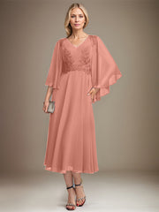 A-line V-Neck Tea-Length Chiffon Lace Mother of the Bride Dress With Sequins Beading