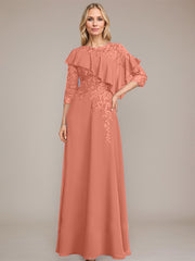 A-line Scoop Illusion Floor-Length Chiffon Lace Mother of the Bride Dress With Ruffle Sequins Beading