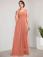 A-line V-Neck Floor-Length Chiffon Mother of the Bride Dress With Pleated