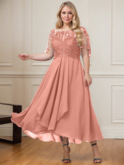 A-line Boat Neck Illusion Asymmetrical Lace Chiffon Mother of the Bride Dress With Cascading Ruffles Sequins