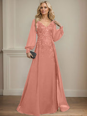 A-Line V-Neck Long Sleeves Floor-Length Chiffon Mother Of The Bride Dresses With Lace