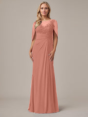 A-Line Floor-Length Boat-Neck Lace Capelet Chiffon Mother of the Bride Dress