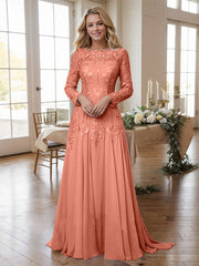 A-line Bateau Long Sleeves Appliques Lace Sweep Train Chiffon Mother of the Bride Dres