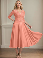 A-line V-Neck Tea-Length Chiffon Lace Mother of the Bride Dress With Beading Sequins