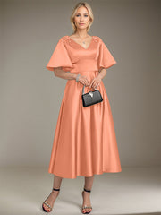 A-line V-Neck Tea-Length Satin Mother of the Bride Dress With Beading