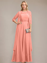 A-line Scoop Illusion Floor-Length Lace Chiffon Mother of the Bride Dress With Pleated