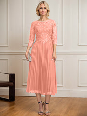 A-line Scoop Illusion Tea-Length Lace Chiffon Mother of the Bride Dress With Sequins Pleated