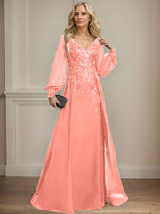 A-Line V-Neck Long Sleeves Floor-Length Chiffon Mother Of The Bride Dresses With Lace