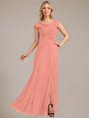 A-line Scoop Floor-Length Mesh Mother of the Bride Dress With Pleated Beading