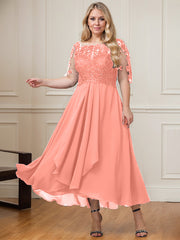 A-line Boat Neck Illusion Asymmetrical Lace Chiffon Mother of the Bride Dress With Cascading Ruffles Sequins