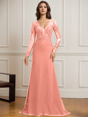 Sheath/Column V-Neck Detachable Sweep Train Lace Tulle Chiffon Mother of the Bride Dress With Sequins