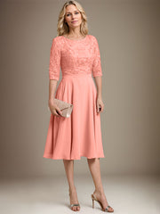 A-line Scoop Knee-Length Lace Chiffon Mother of the Bride Dress