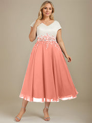 A-line V-Neck Tea-Length Satin Chiffon Mother of the Bride Dress With Appliques Lace