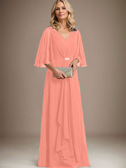 A-line V-Neck Floor-Length Chiffon Mother of the Bride Dress With Cascading Ruffles Crystal Brooch