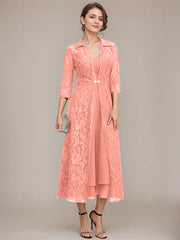 A-line V-Neck Tea-Length Chiffon Mother of the Bride Dress