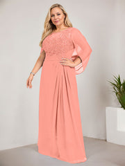 A-line Scoop Illusion Floor-Length Lace Chiffon Mother of the Bride Dress With Sequins Pleated