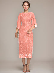 Sheath/Column Scoop Tea-Length Lace Chiffon Mother of the Bride Dress