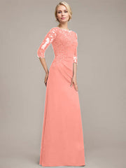 A-line Scoop Floor-Length Chiffon Lace Mother of the Bride Dress With Sequins Beading Pleated
