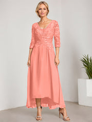 A-line V-Neck Asymmetrical Chiffon Lace Mother of the Bride Dress With Pleated Beading