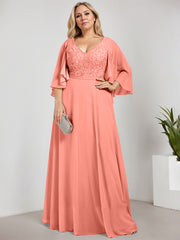 A-line V-Neck Floor-Length Chiffon Lace Mother of the Bride Dress With Sequins Beading