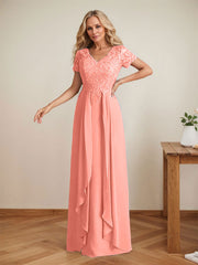 Elegant A-Line Chiffon V-neck Mother of the Brides Dresses Lace Top MOB Dresses
