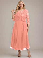 A-line Boat Neck Illusion Tea-Length Lace Chiffon Mother of the Bride Dress With Sequins