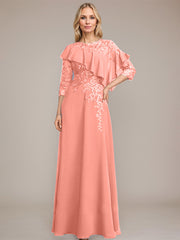 A-line Scoop Illusion Floor-Length Chiffon Lace Mother of the Bride Dress With Ruffle Sequins Beading