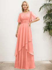 A-line Scoop Floor-Length Chiffon Mother of the Bride Dress With Pleated Sequins Beading