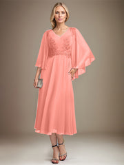 A-line V-Neck Tea-Length Chiffon Lace Mother of the Bride Dress With Sequins Beading