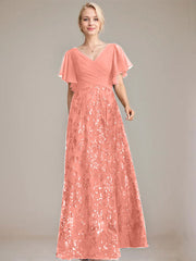 A-line V-Neck Floor-Length Lace Sequin Chiffon Mother of the Bride Dress With Pleated