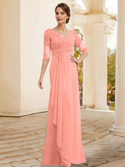Sheath/Column V-Neck Chiffon Mother Of The Bride Dresses With Appliques Lace