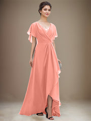 A-line V-Neck Asymmetrical Chiffon Mother of the Bride Dress With Sequins Beading Cascading Ruffles