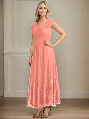 A-line V-Neck Ankle-Length Chiffon Mother of the Bride Dress With Bow Sequins Appliques Lace