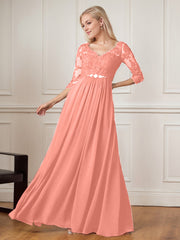 A-Line Floor-Length V-Neck Lace Chiffon Mother of the Bride Dress