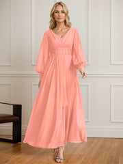 A-line V-Neck Ankle-Length Chiffon Mother of the Bride Dress With Cascading Ruffles Beading Sequins