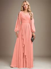 A-line Cold Shoulder V-Neck Floor-Length Chiffon Mother of the Bride Dress With Cascading Ruffles Beading