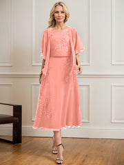 A-line Scoop Tea-Length Lace Chiffon Mother of the Bride Dress With Sequins